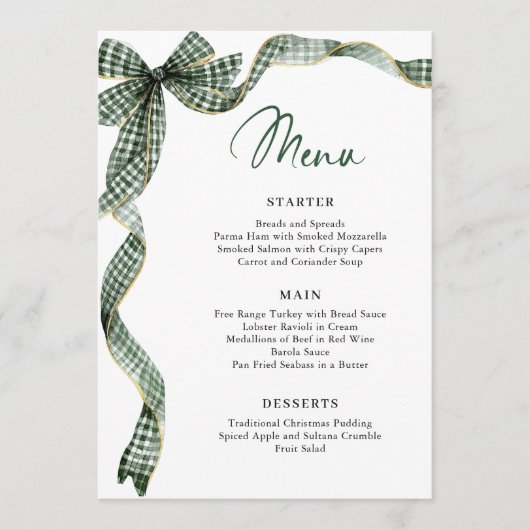 Christmas Whimsical Funky Green Bow Dinner Party Menu (Voorkant)