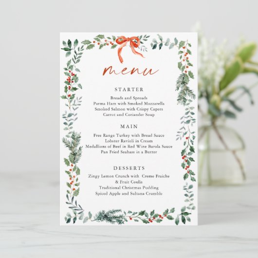 Christmas Whimsical Red Bow Wreath Dinner Party Menu (Staand voorkant)