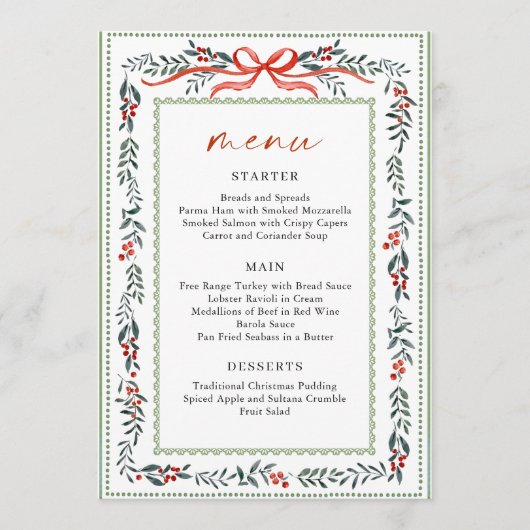 Christmas Whimsical Red Bow Wreath Dinner Party Menu (Voorkant)