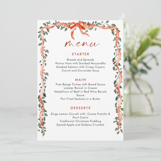 Christmas Whimsical Red Bow Wreath Dinner Party Menu (Staand voorkant)