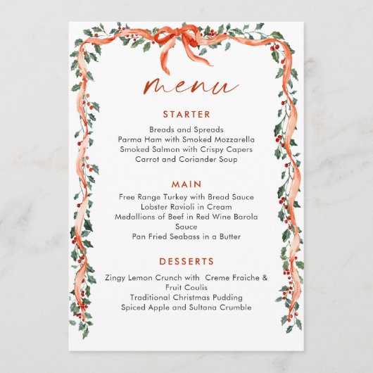 Christmas Whimsical Red Bow Wreath Dinner Party Menu (Voorkant)