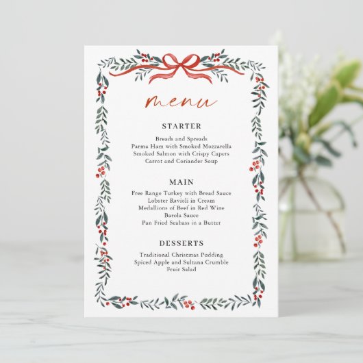 Christmas Whimsical Red Bow Wreath Dinner Party Menu (Staand voorkant)