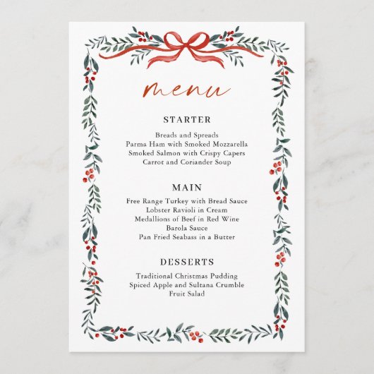 Christmas Whimsical Red Bow Wreath Dinner Party Menu (Voorkant)