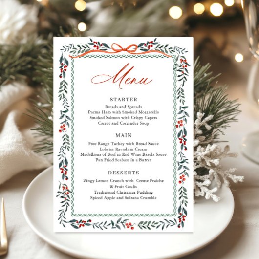 Christmas Whimsical Red Bow Wreath Dinner Party Menu