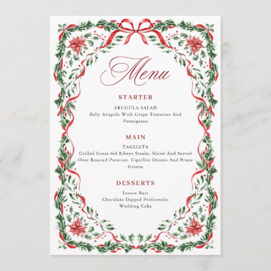 Christmas Whimsical Red Bow Wreath Dinner Party Menu (Voorkant)
