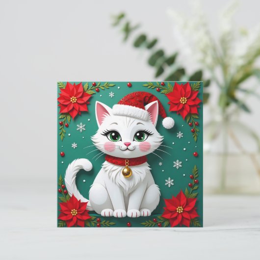 Christmas White Cat in Santa Hat Holiday Feestdagenkaart (Staand voorkant)