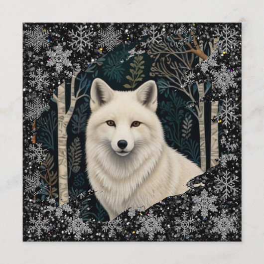 Christmas white fox white wolf sparkling snowflake kaart (Voorkant)