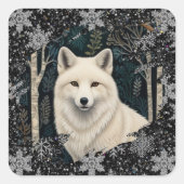Christmas white fox white wolf sparkling snowflake vierkante sticker (Voorkant)