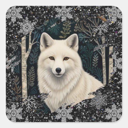Christmas white fox white wolf sparkling snowflake vierkante sticker (Voorkant)
