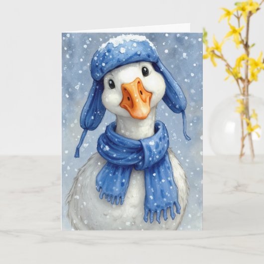 Christmas White Winter Goose With Blue Scarf Kaart (Gele Bloem)