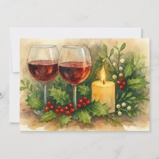 Christmas Wine Glasses Candle Holly & Mistletoe Feestdagenkaart (Voorkant)