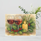 Christmas Wine Glasses Candle Holly & Mistletoe Feestdagenkaart (Staand voorkant)