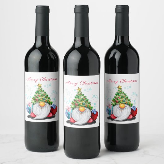 Christmas Wine Label Happy Gnome met Gift Wijn Etiket (Flessen)