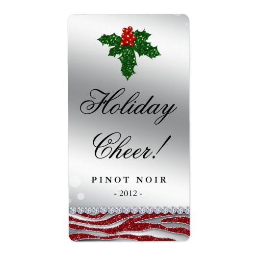 Christmas Wine Label Holly Glitter Zebra Rood (Voorkant)