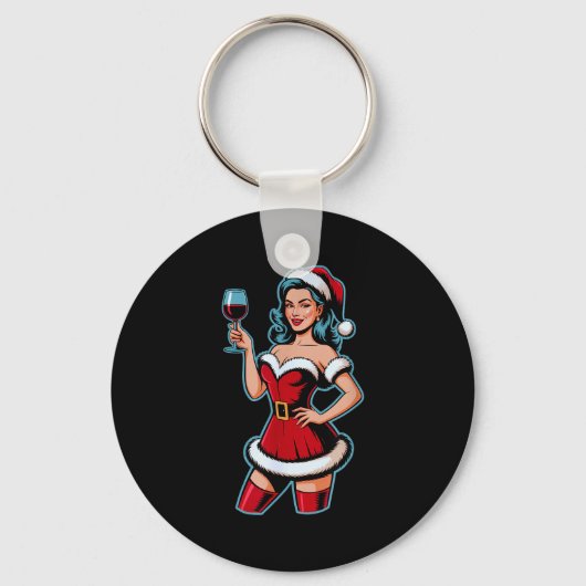 Christmas Wine Santa Girl Holiday Party Funny Vint Sleutelhanger (Voorkant)