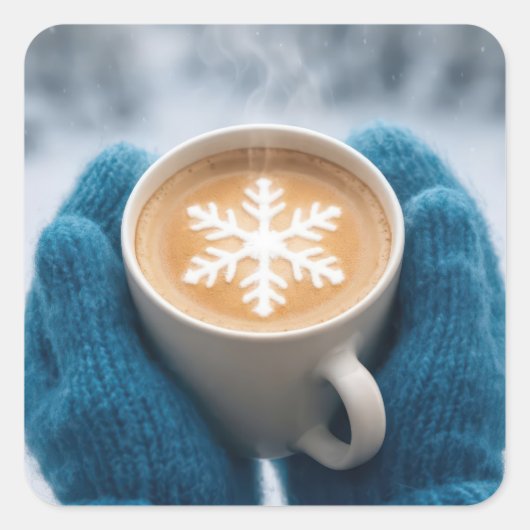 Christmas Winter Coffee With Mittens and Snowflake Vierkante Sticker (Voorkant)