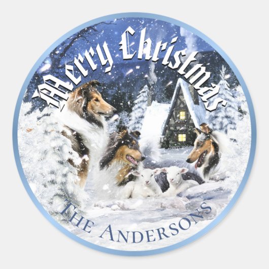 Christmas Winter Fairy Tale, Collies and Lambs - Ronde Sticker (Voorkant)