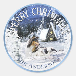 Christmas Winter Fairy Tale, Tricolor Collie Dog - Ronde Sticker