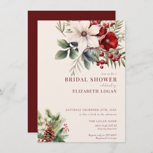 Christmas Winter Floral | Red Bridal Shower Kaart (Voorkant / Achterkant)