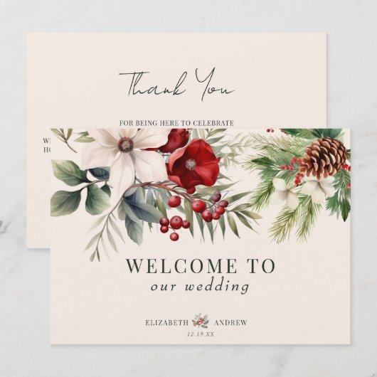 Christmas Winter Floral  Wedding Welcome Cards Kaart (Voorkant / Achterkant)