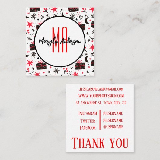 CHRISTMAS WINTER GIFTS EN SNOWFLAKMONOGRAM VIERKANTE VISITEKAARTJE (Voorkant / Achterkant)