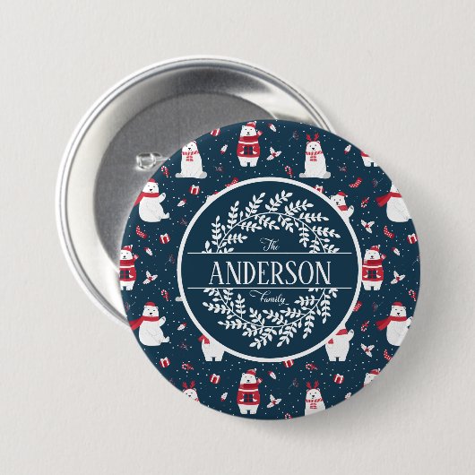 CHRISTMAS WINTER POLAR BEER FAMILIE MONOGRAM RONDE BUTTON 7,6 CM (Voorkant /achterkant)