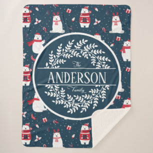 CHRISTMAS WINTER POLAR BEER FAMILIE MONOGRAM SHERPA DEKEN