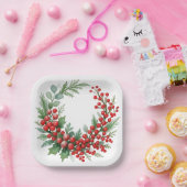 Christmas winter red berries with greenery papieren bordje (Feest)