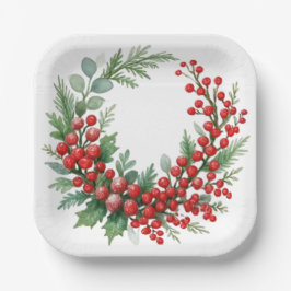 Christmas winter red berries with greenery papieren bordje