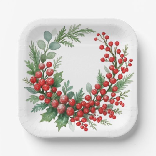 Christmas winter red berries with greenery papieren bordje (Voorkant)