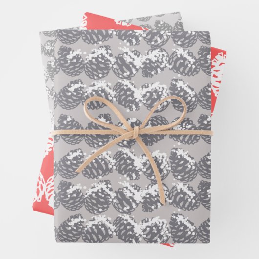 Christmas Winter Snow Pine Cones Red Grey Inpakpapier Vel (In situ)