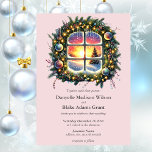 Christmas Winter Wonderland Rosy Pink Kaart<br><div class="desc">Vier je liefde dit vakantieseizoen met onze prachtige Christmas Winter Wonderland Wedding Invitation. Omlijst door een weelderige waterverf groenblijvende krans, brengt deze moderne uitnodiging elegantie en magie naar uw speciale dag. De krans is prachtig versierd met pinecones, rijke paarse en rozen bessen, delicate aqua-blue kerstballen en twinkelende lichten die een...</div>