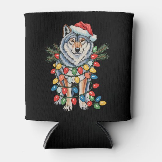 Christmas Wolf Santa Hat Xmas Lights Dierenvriende Blikjeskoeler (Voorkant)