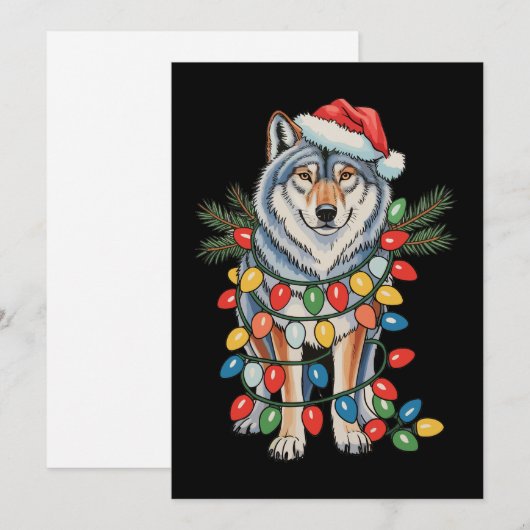 Christmas Wolf Santa Hat Xmas Lights Dierenvriende Feestdagenkaart (Voorkant / Achterkant)