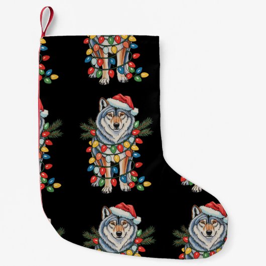 Christmas Wolf Santa Hat Xmas Lights Dierenvriende Kleine Kerstsok (Voorkant)