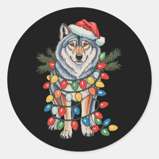 Christmas Wolf Santa Hat Xmas Lights Dierenvriende Ronde Sticker (Voorkant)