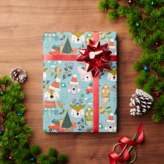 Christmas Woodland Feestelijke Furry Friends Blauw Cadeaupapier