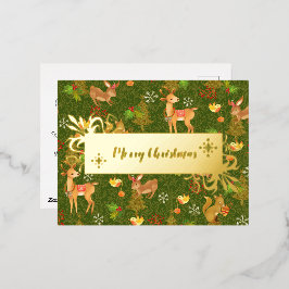 Christmas Woodland Green. Gepersonaliseerd. Goud. Folie Feestdagen Briefkaart