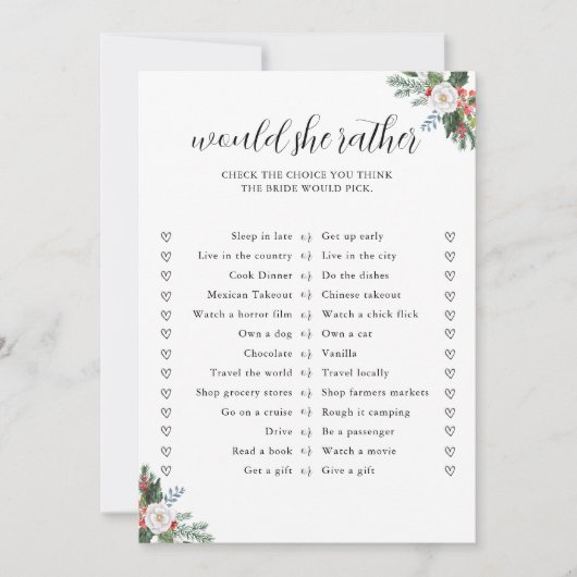 Christmas Would She Rather Bridal Shower Game Feestdagenkaart (Voorkant)