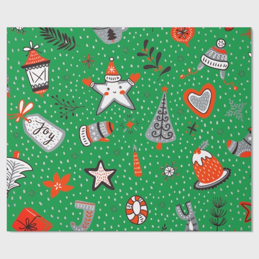 CHRISTMAS WRAPPING PAPIER DOODLE ART GREEN (Vlak)