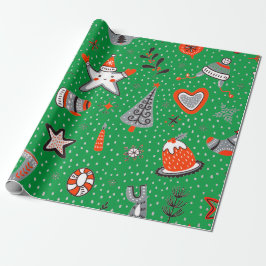 CHRISTMAS WRAPPING PAPIER DOODLE ART GREEN