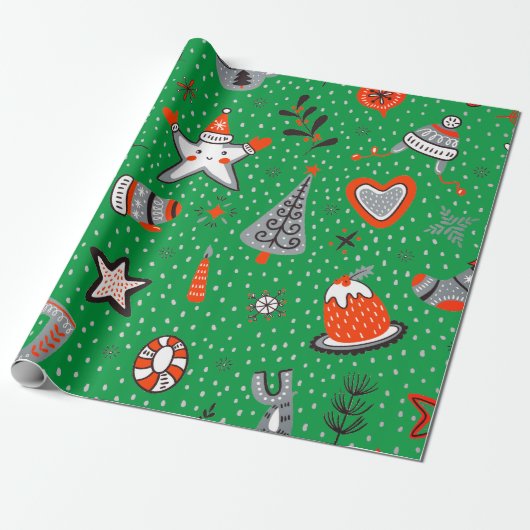 CHRISTMAS WRAPPING PAPIER DOODLE ART GREEN (Uitgerold)