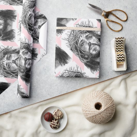 Christmas Wrapping Pink &White Stripe Jesus Christ Cadeaupapier (Crafts)