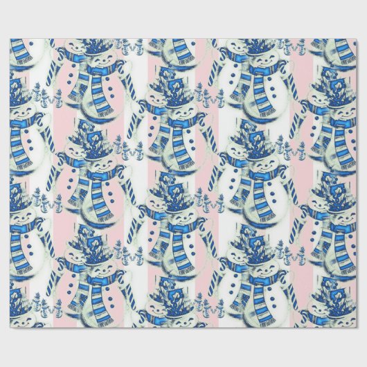 Christmas Wrapping Pink & White Stripe Snowman Cadeaupapier (Vlak)