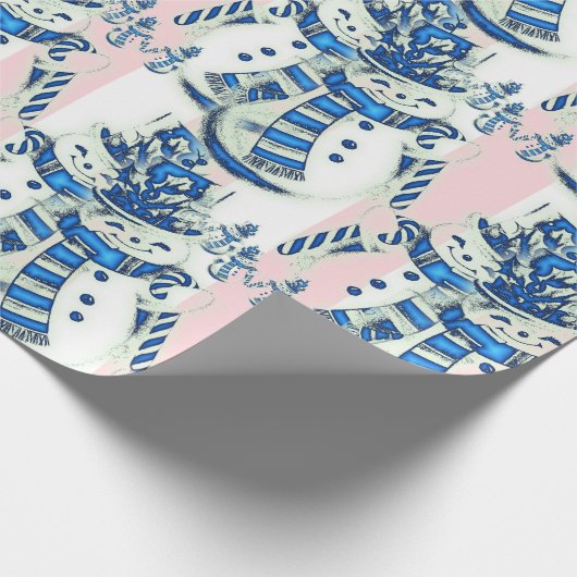 Christmas Wrapping Pink & White Stripe Snowman Cadeaupapier (Hoek)