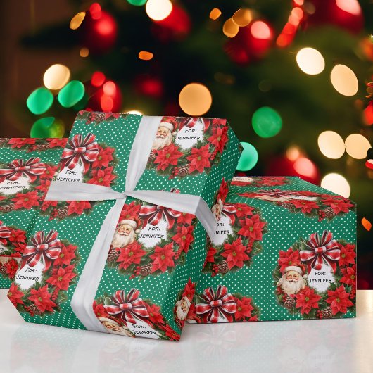Christmas Wreath Add Name Classic Santa Red Green Cadeaupapier