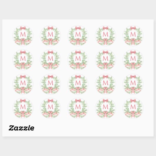 Christmas Wreath Candy Cane Bow | Monogram Ronde Sticker (Vel)