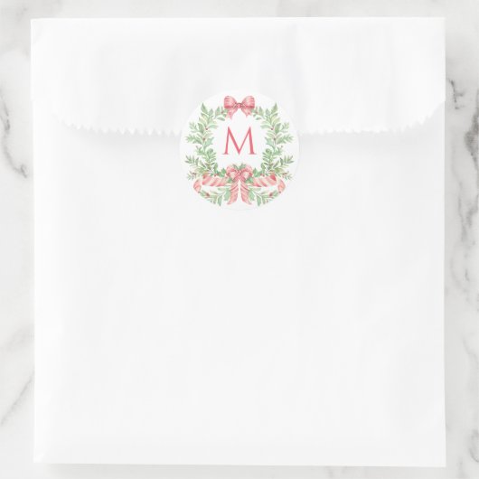 Christmas Wreath Candy Cane Bow | Monogram Ronde Sticker (Tas)