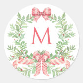 Christmas Wreath Candy Cane Bow | Monogram Ronde Sticker (Voorkant)