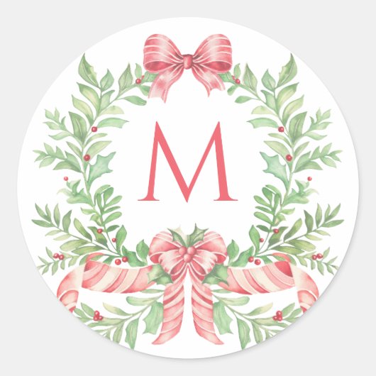 Christmas Wreath Candy Cane Bow | Monogram Ronde Sticker (Voorkant)